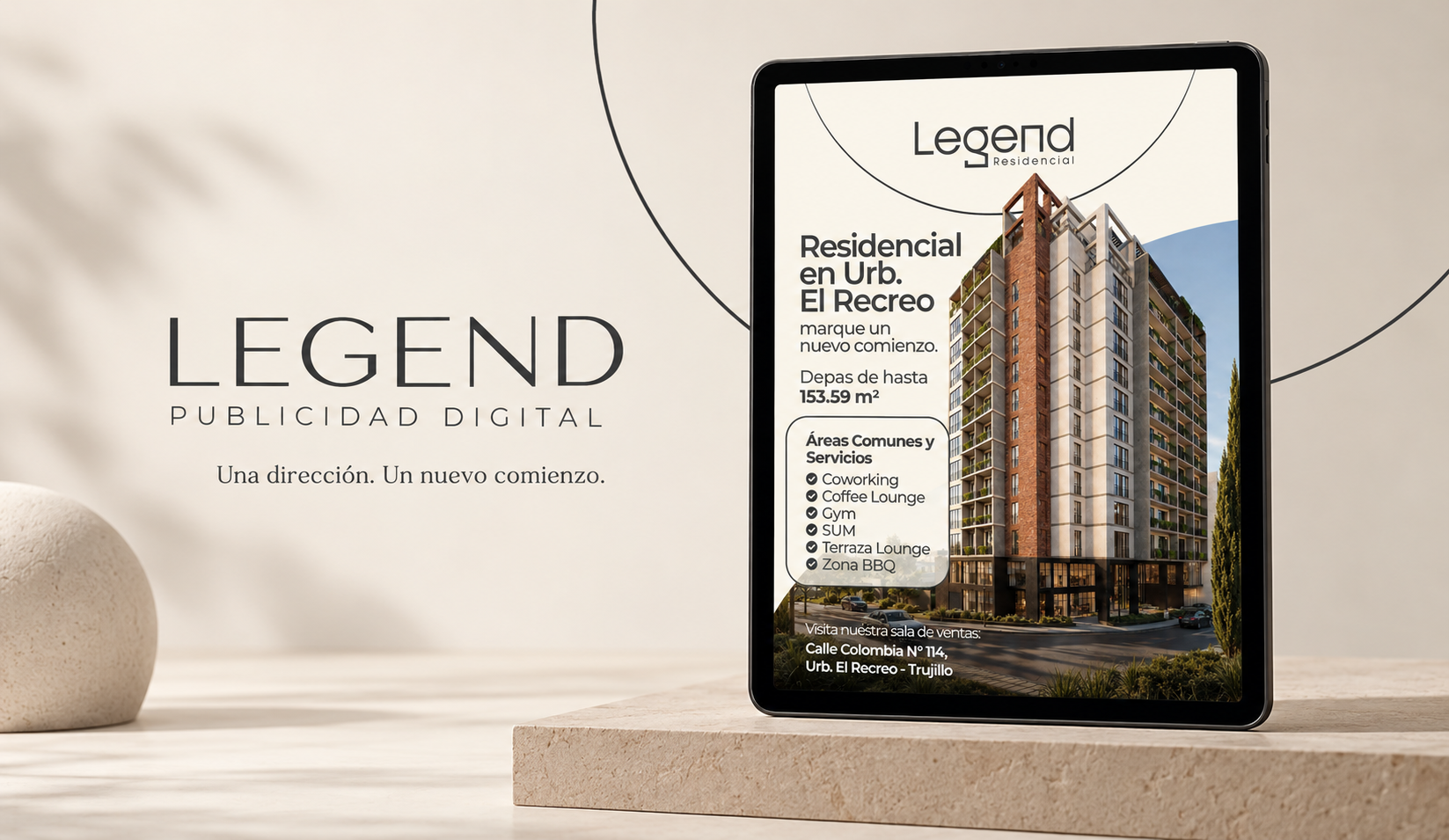 Publicidad digital de Legend Residencial presentada en una tableta con la imagen del edificio y sus áreas comunes