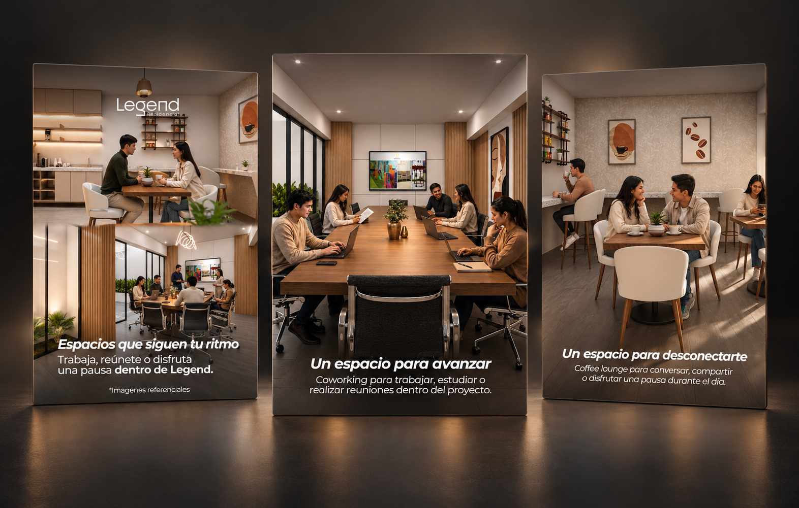 Tres piezas de redes sociales de Legend Residencial sobre sus espacios de coworking y coffee lounge