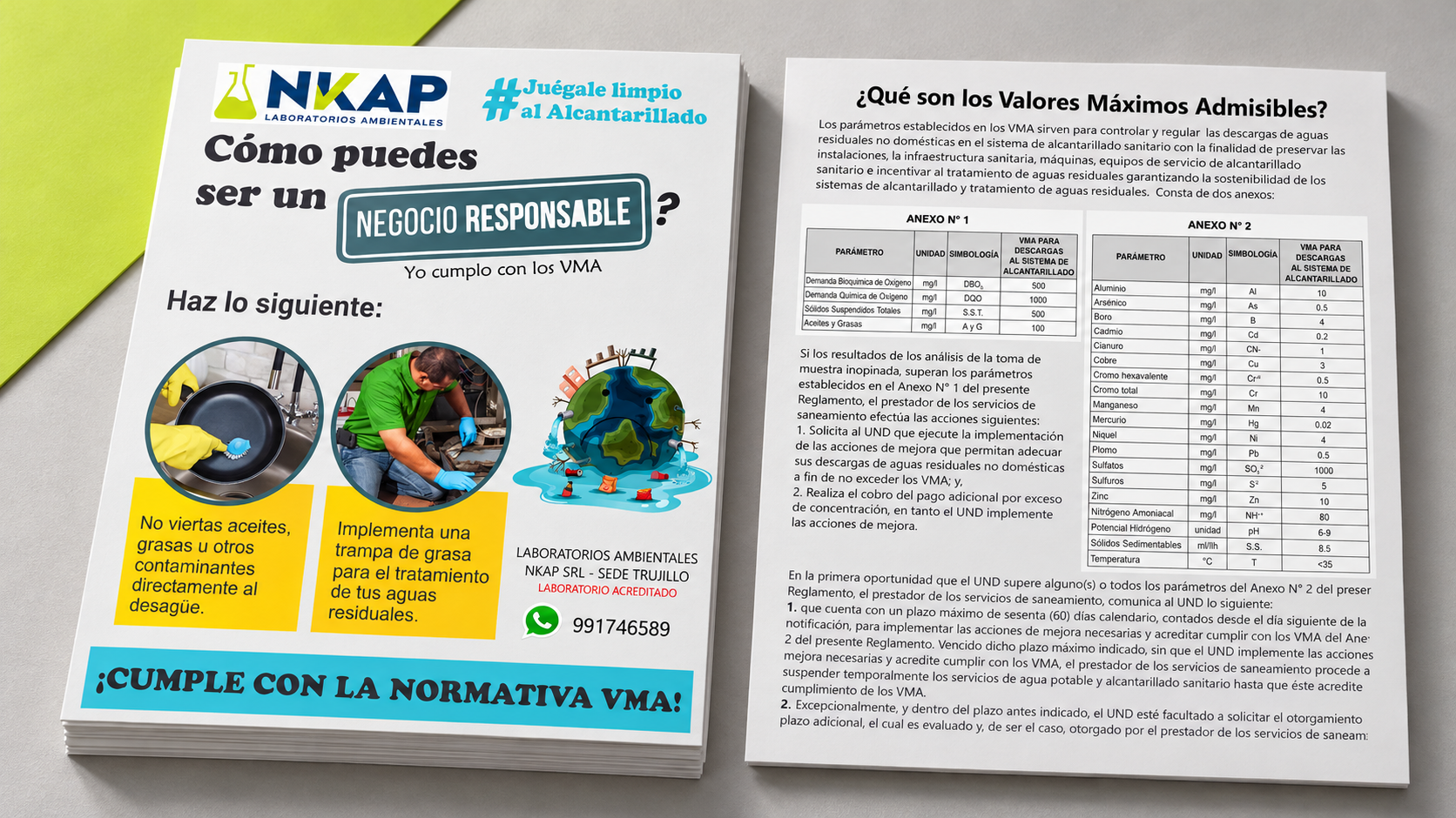 Flyer de NKAP a doble cara sobre los valores máximos admisibles y el manejo responsable de aguas residuales
