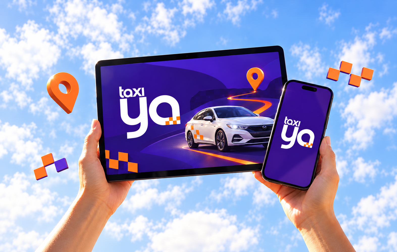 Identidad de TaxiYa presentada en tableta y teléfono sobre fondo de cielo