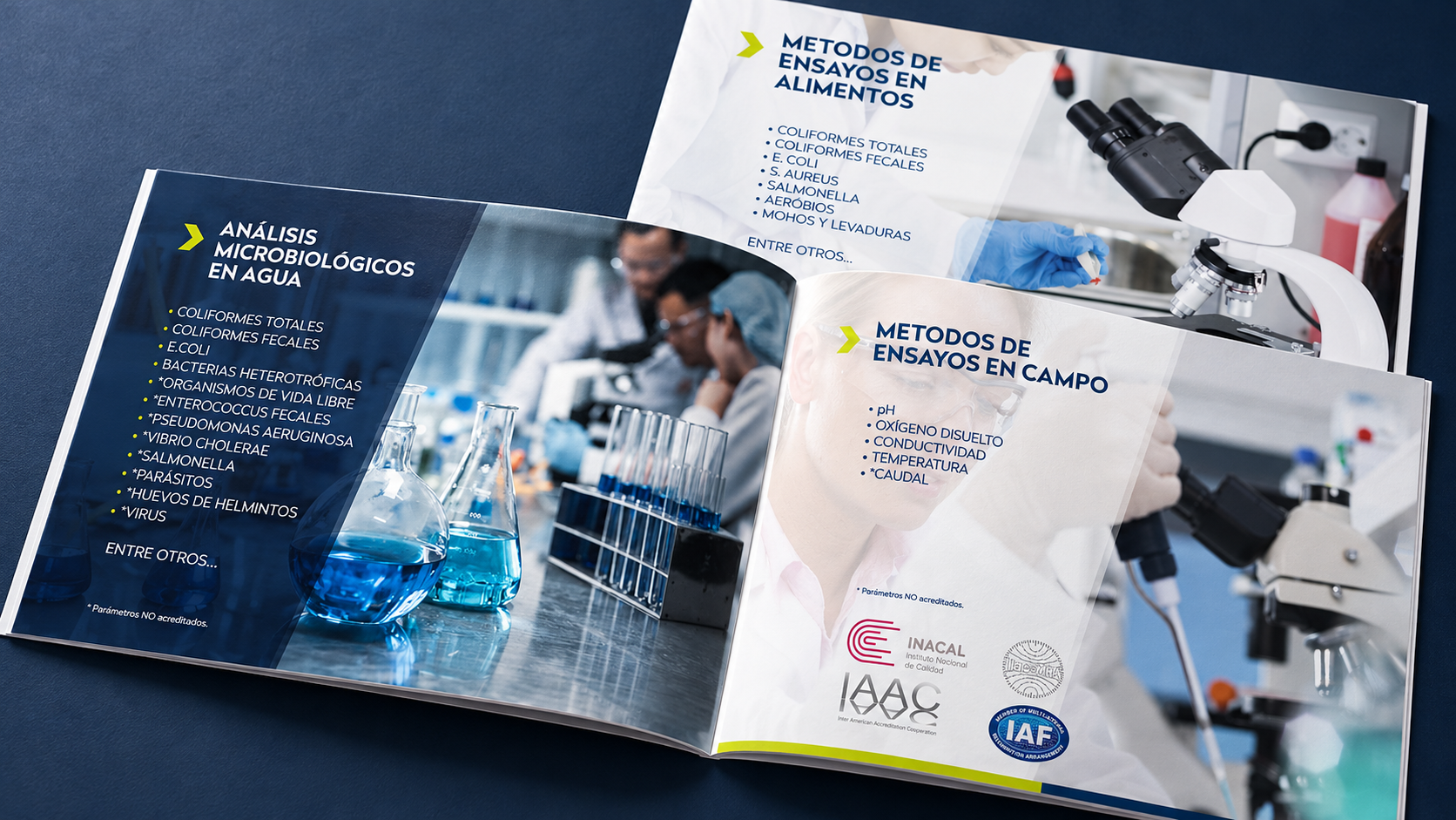Portafolio editorial de NKAP Laboratorios con páginas sobre análisis microbiológicos en agua y métodos de ensayos en alimentos y en campo