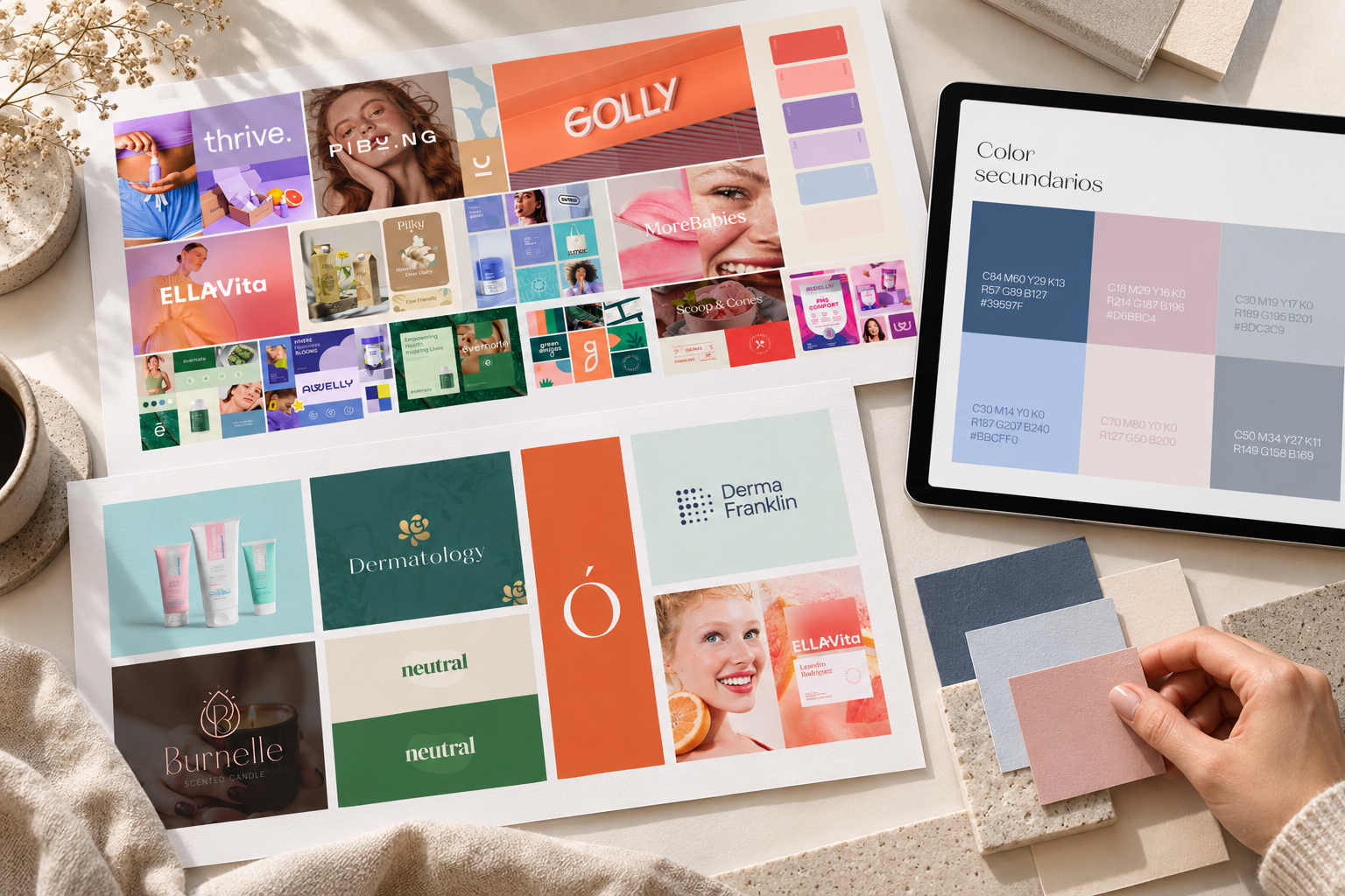 Moodboard editorial de Dermaclinic con referencias visuales, paleta de colores secundarios y muestras de papel