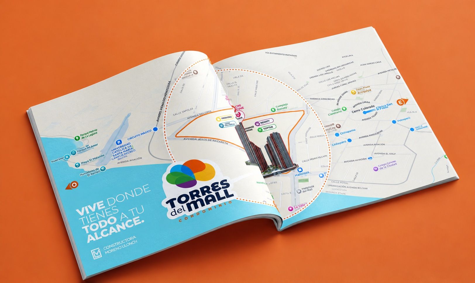 Brochure desplegado con el mapa de ubicación de Torres del Mall