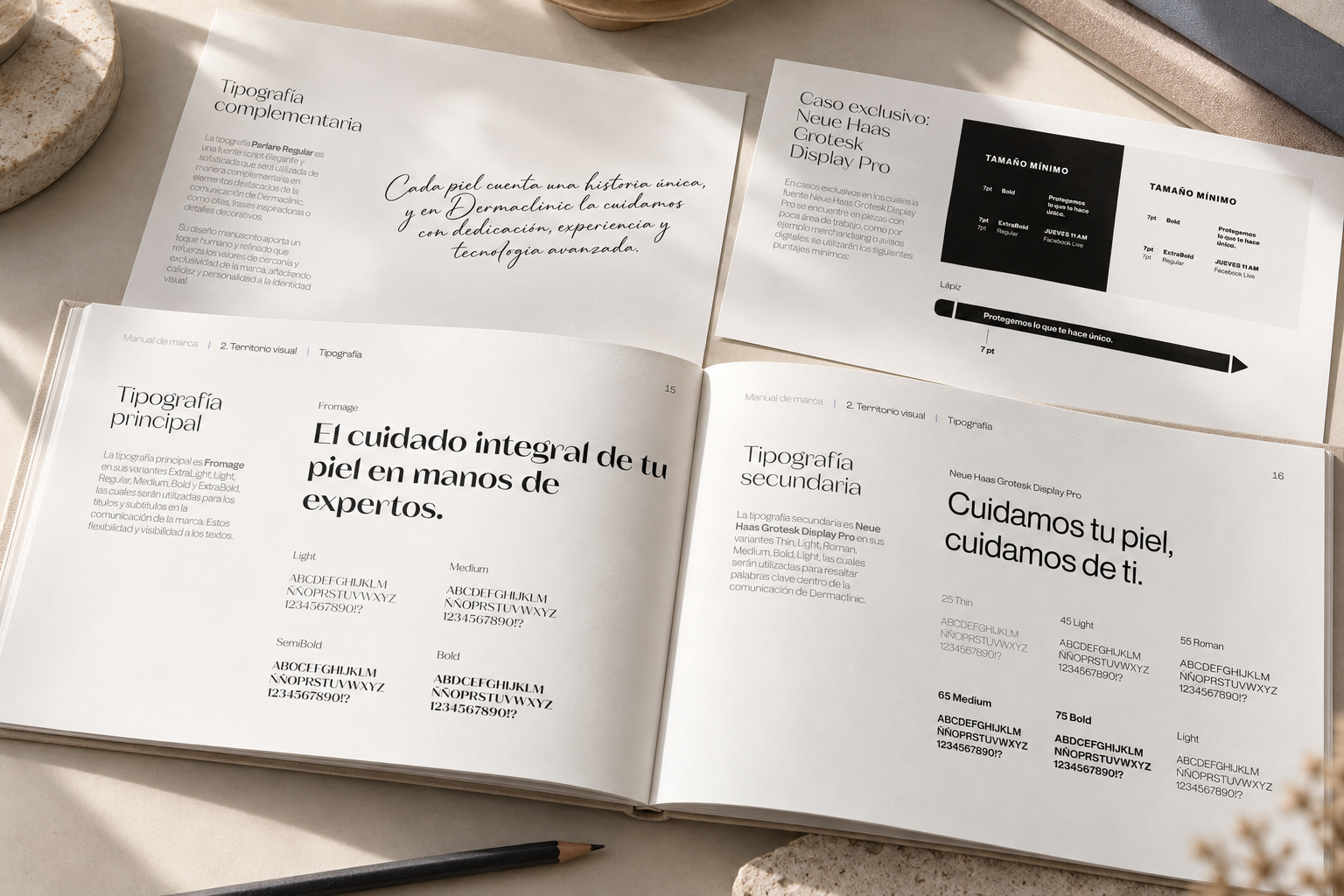 Estudio tipográfico del manual de Dermaclinic con las tipografías principal, secundaria y complementaria