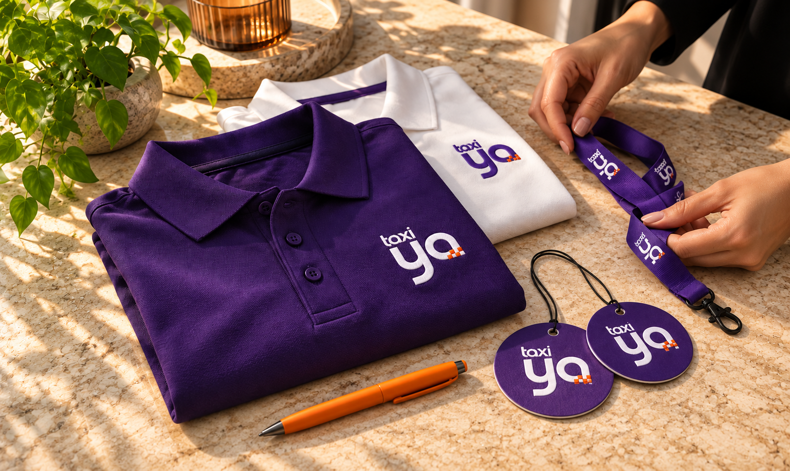 Merchandising de TaxiYa con polos, cintas, etiquetas y bolígrafo