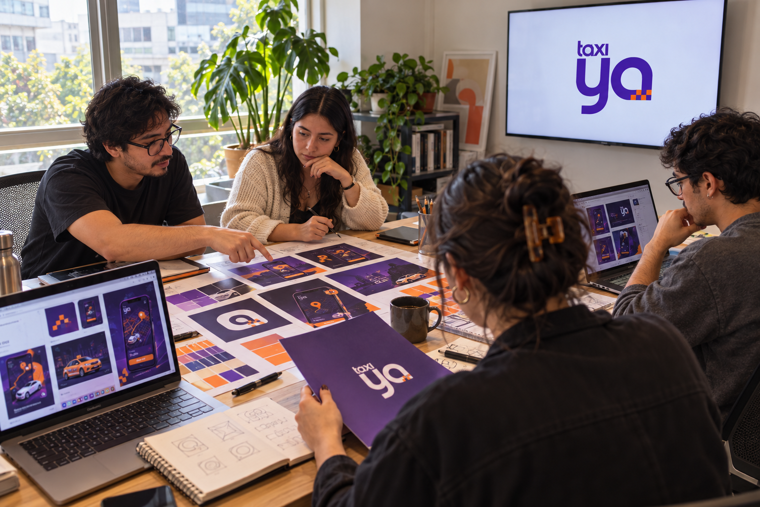 Reunión creativa con materiales de identidad y comunicación de TaxiYa