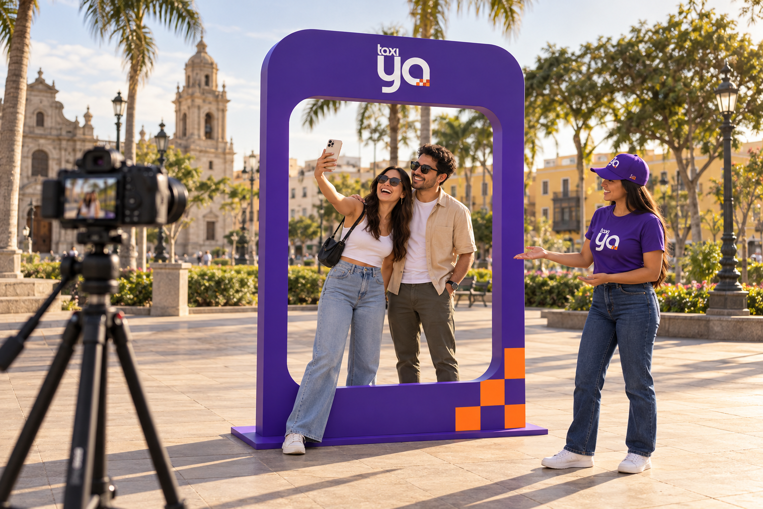 Activación de TaxiYa con marco fotográfico y público en una plaza