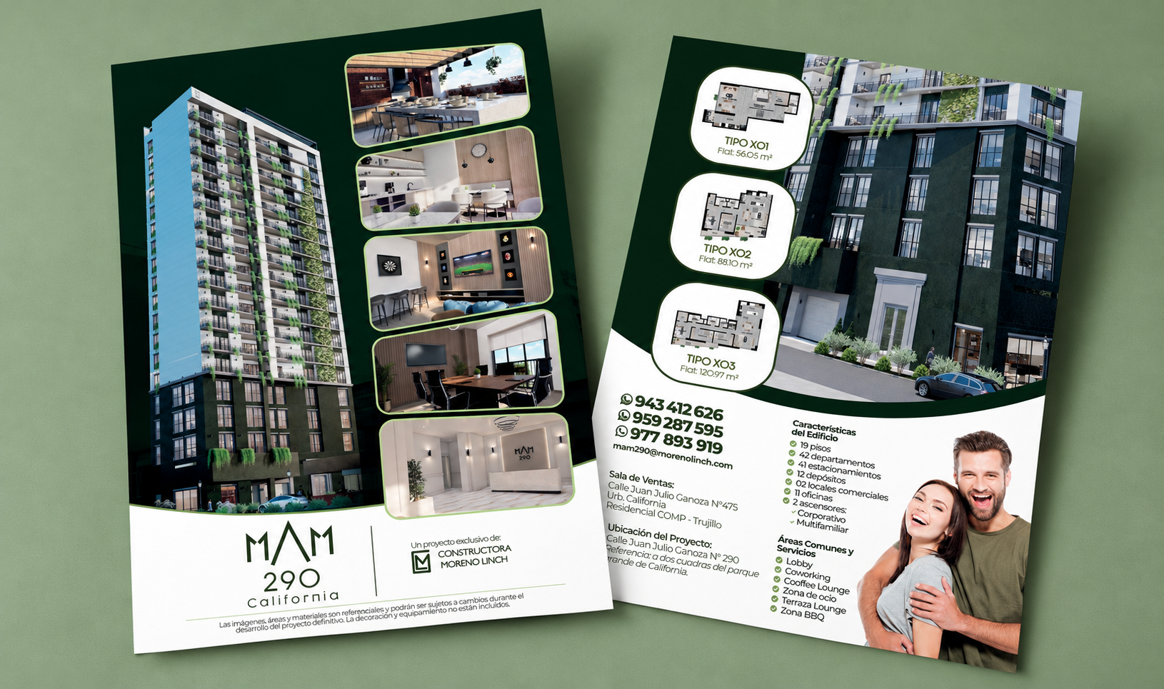 Flyers de MAM 290 a doble cara con información del proyecto y sus departamentos