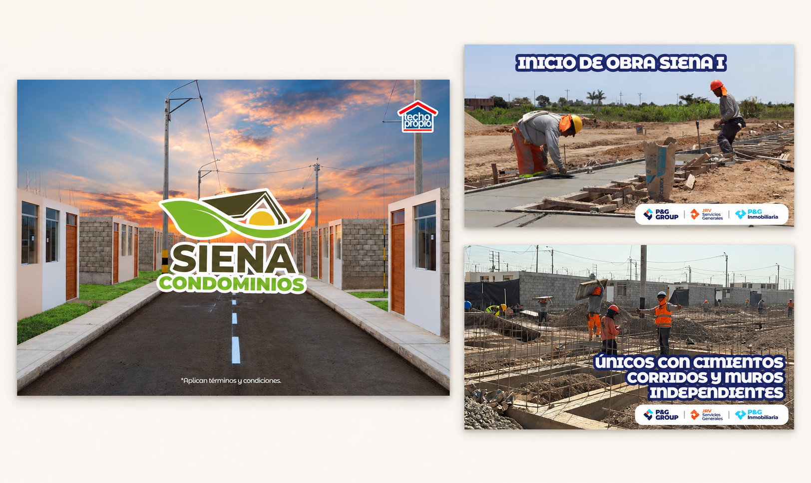 Tres páginas de Siena Condominios con fotografías del proyecto y avances de obra