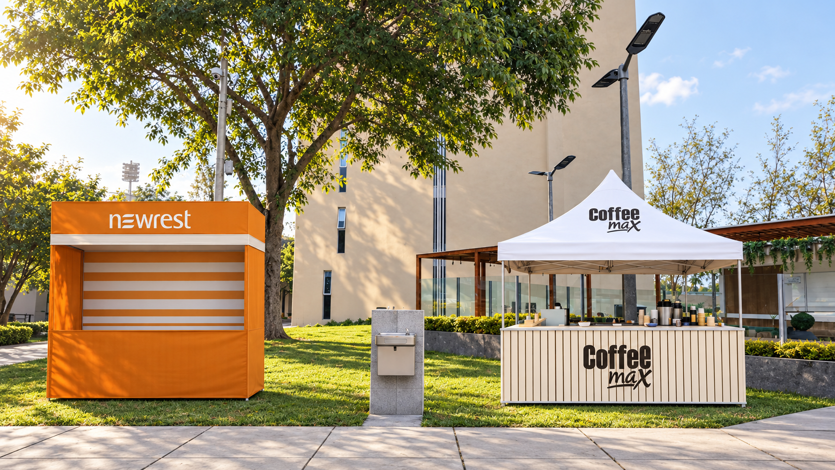 Campus moderno con quioscos y fuente