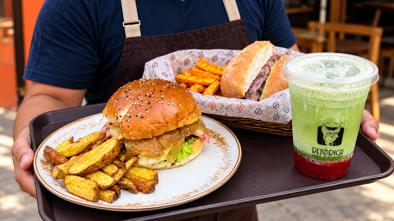 Hamburguesa, sándwich y bebida en bandeja