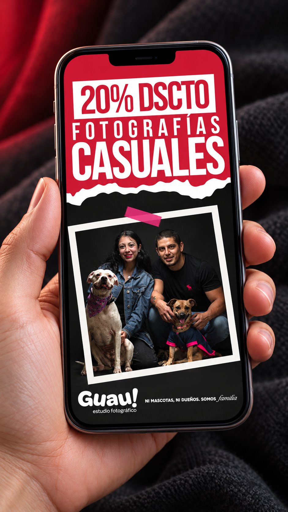 Promoción fotográfica de Guau! presentada en un teléfono