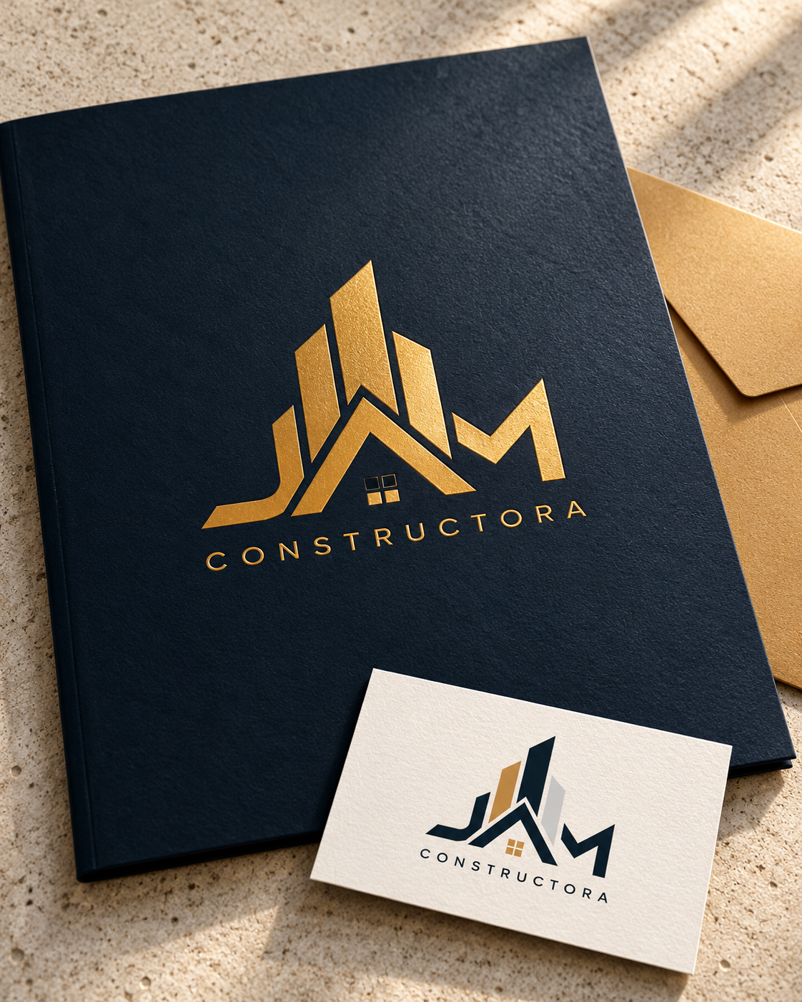 Papelería corporativa con logo dorado