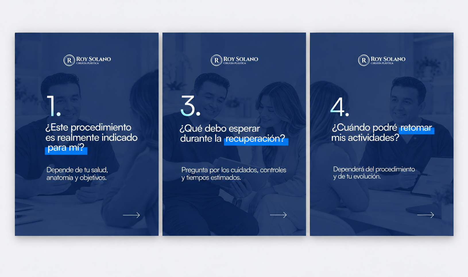 Tres tarjetas educativas en fila