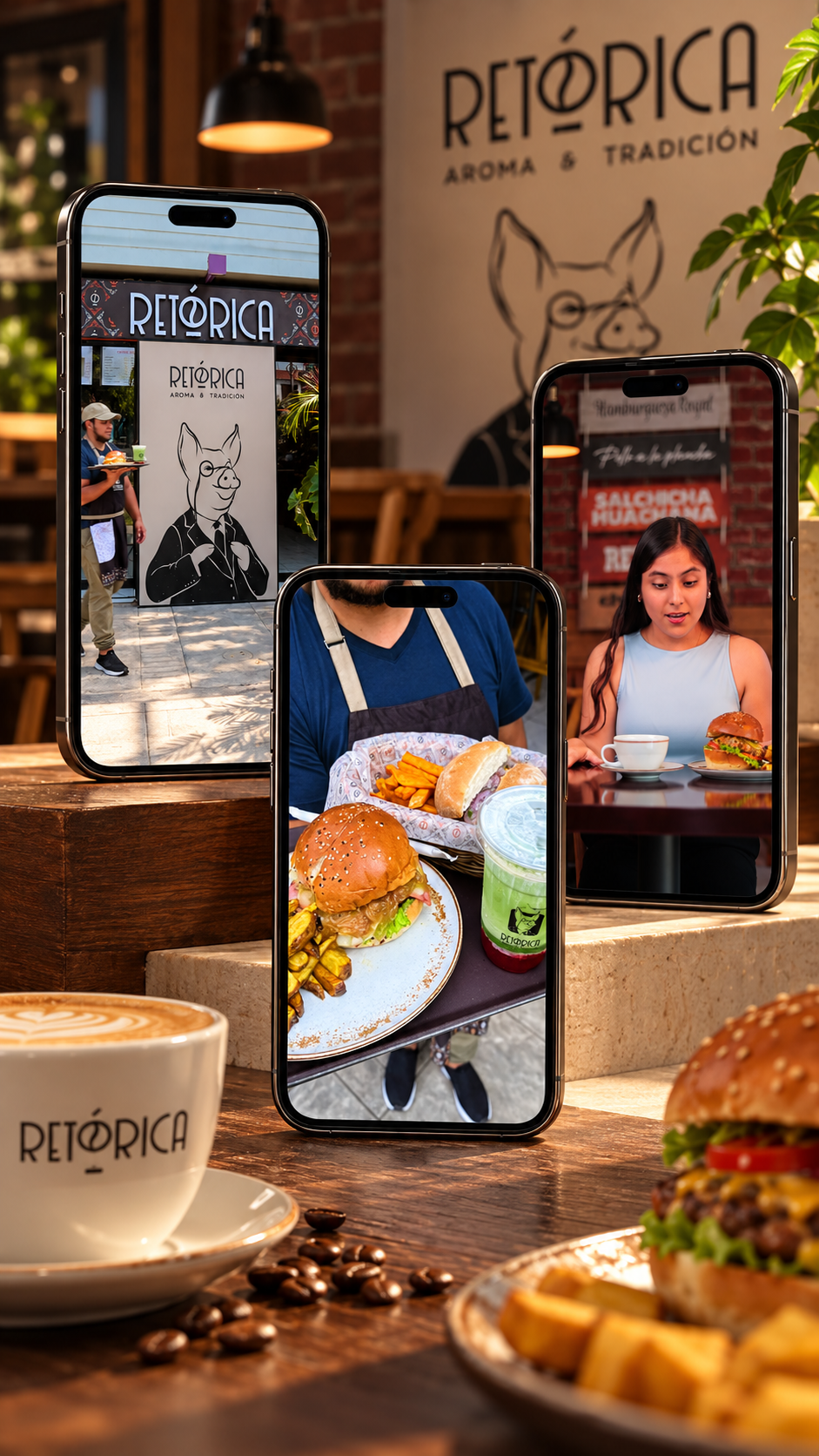 Retórica Café en tres smartphones