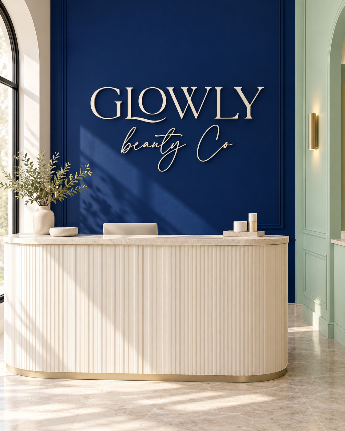 Recepción de Glowly con logotipo en pared