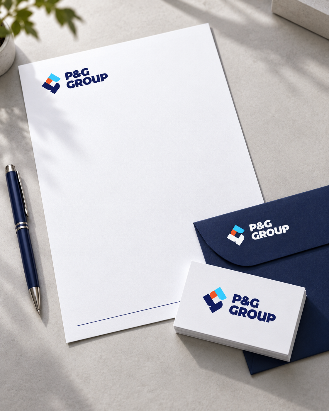 Papelería corporativa P&G en escritorio