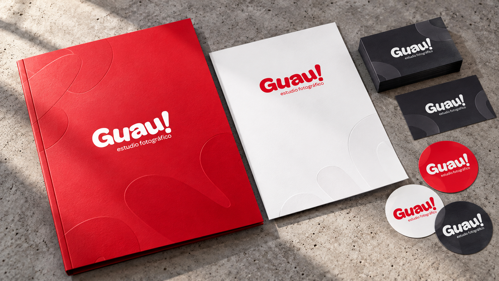 Carpeta, hojas y tarjetas de Guau!