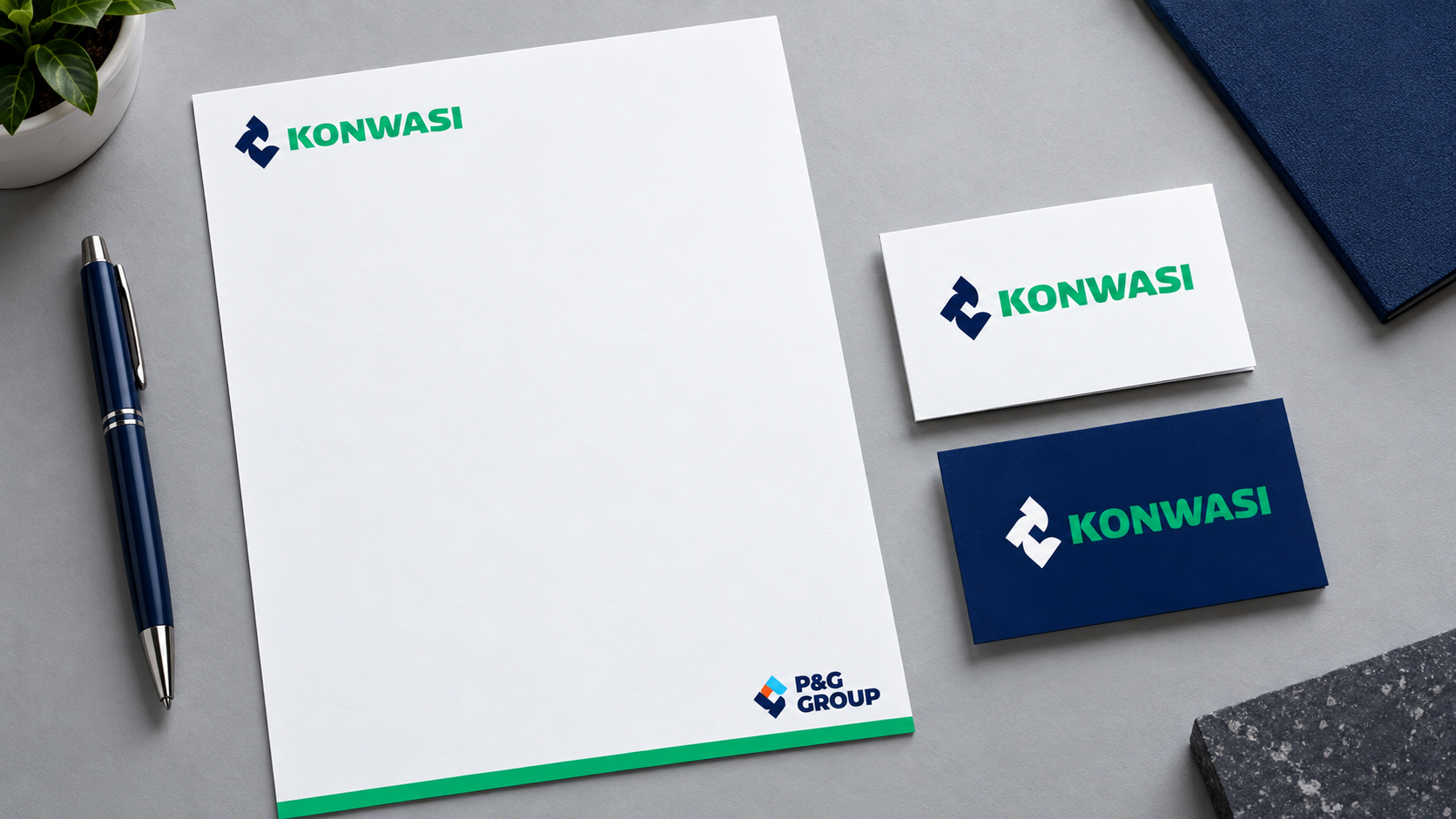 Papelería corporativa KONWASI en azul marino