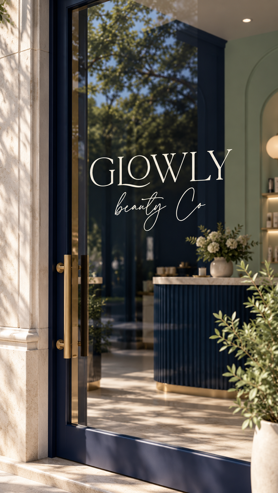 Señalización de Glowly en un acceso acristalado