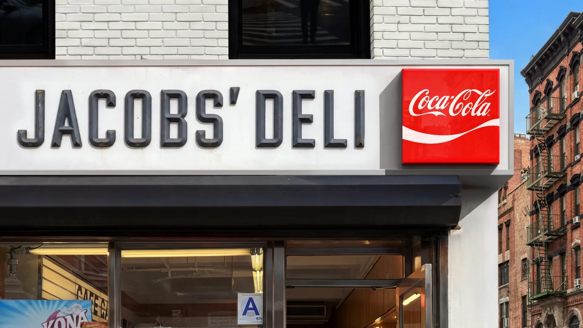 Aplicación de Coca-Cola junto al letrero de Jacobs’ Deli.