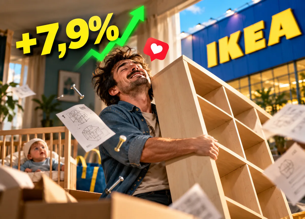 Detalle de unas manos montando la cuna de madera SNIGLAR en el anuncio de IKEA.