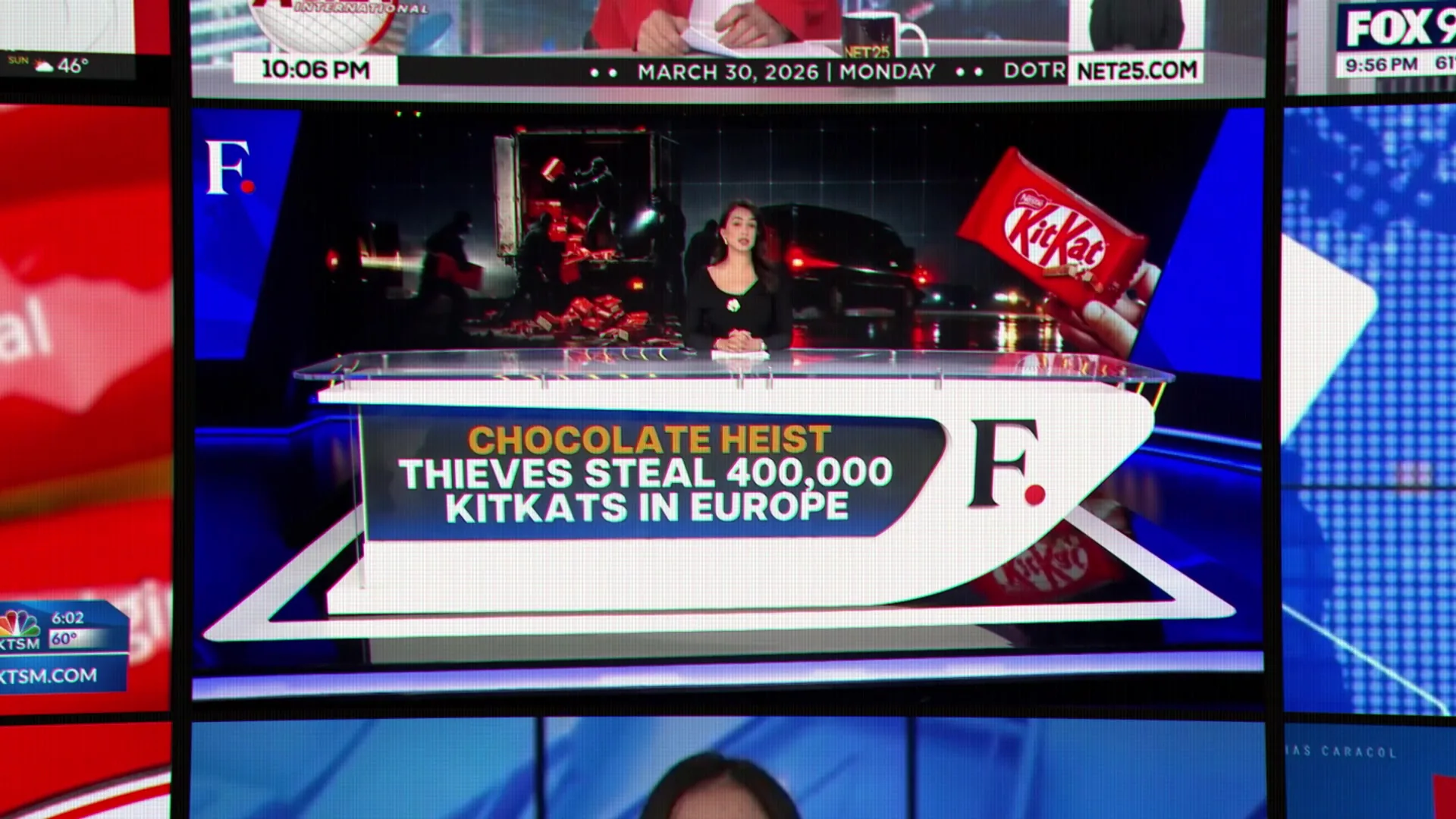 Cobertura televisiva del robo de chocolates mostrada en el video del caso.