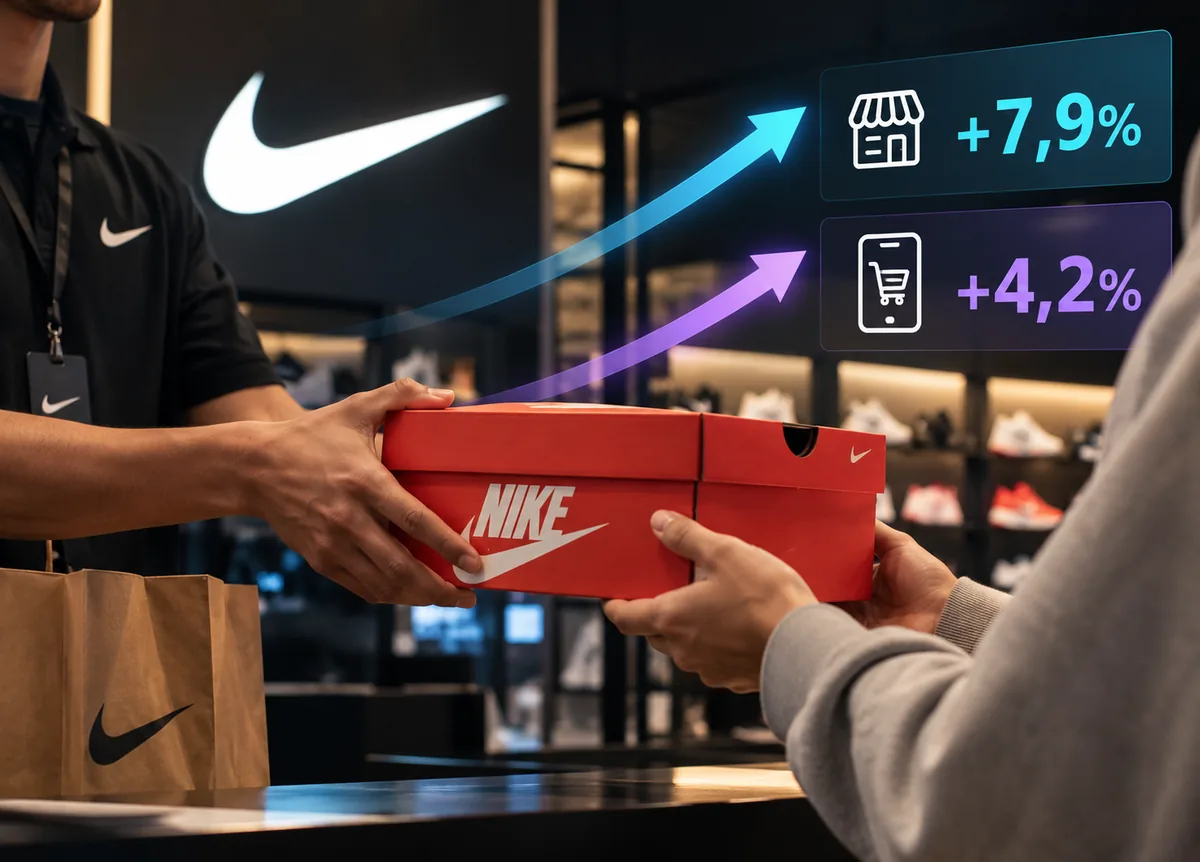 Esquema de los canales de Nike: venta directa y tiendas aliadas hasta llegar al cliente.