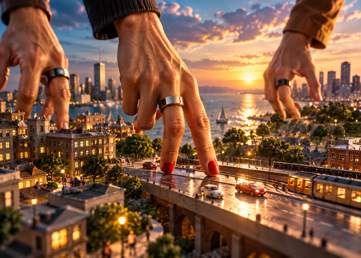 Una mano con un anillo recorre la ciudad en miniatura de Oura