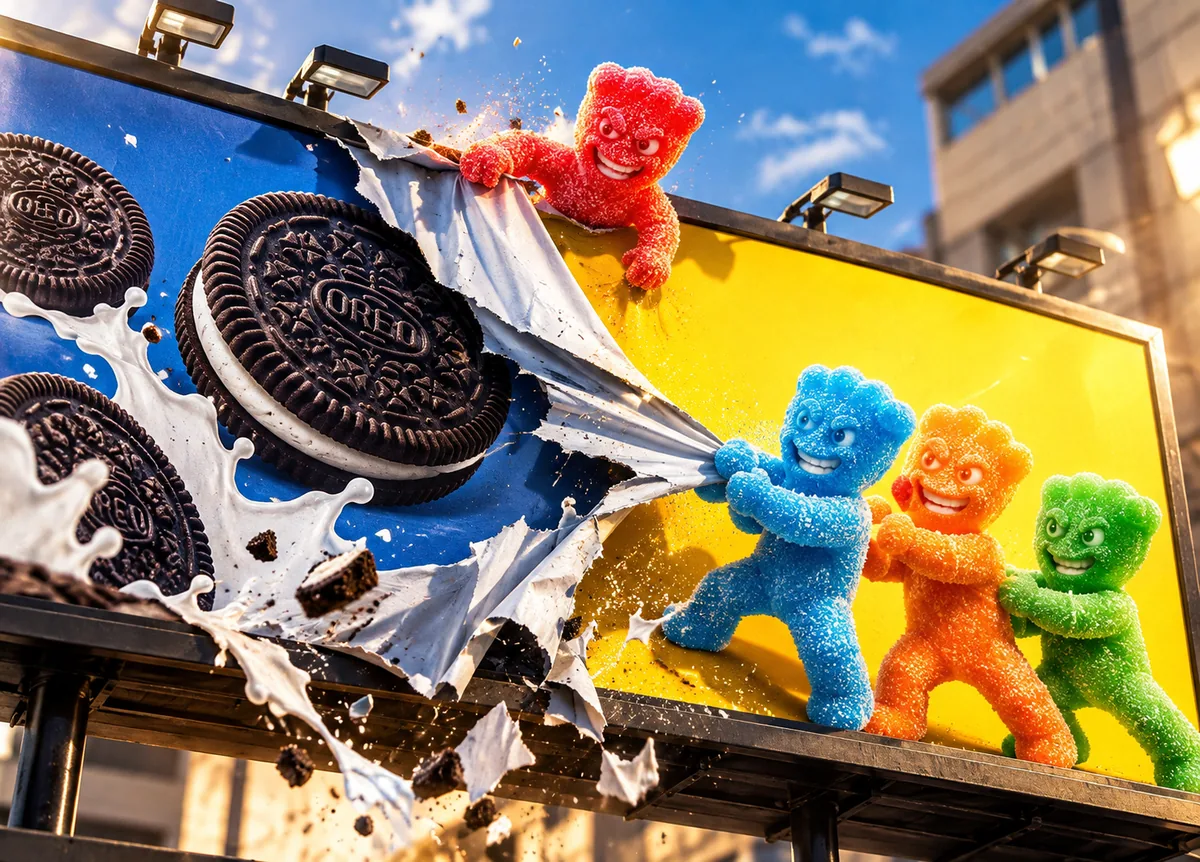 Los personajes parecen arrancar el anuncio vecino de Oreo
