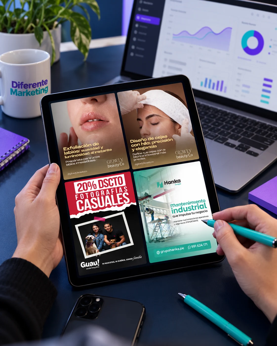 Revisión de creatividades y resultados en una tablet