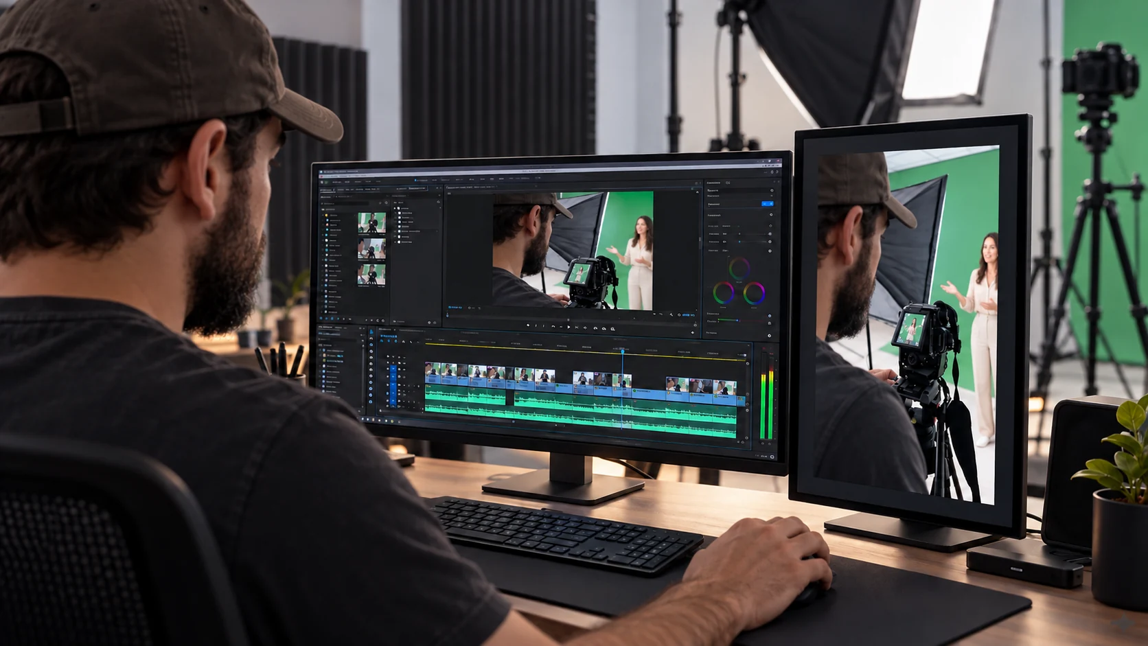 Editor revisando una producción audiovisual en dos monitores