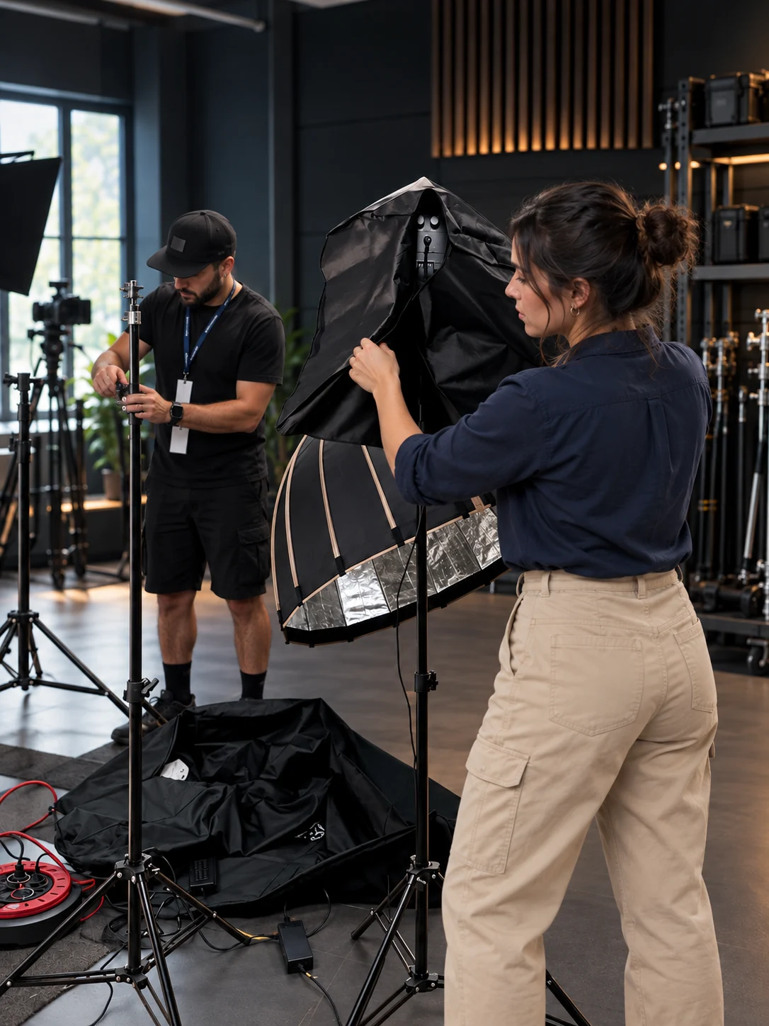 Equipo preparando un rodaje en estudio