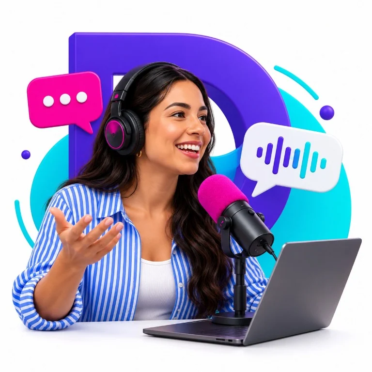 Conductora de podcast conversando con audífonos y micrófono